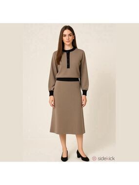 Eaton Vintage 100% Wool Medium Taupe Two Piece Set Skirt Long Sleeve Sweater